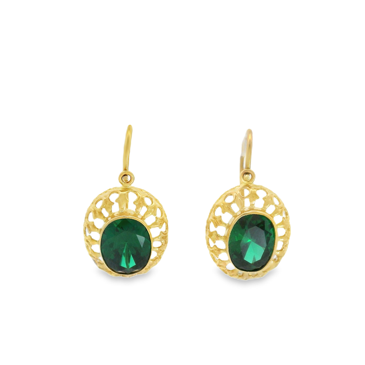 Elegáns, 14 karátos sárgaarany függő fülbevaló ovális csiszolású zöld smaragd hatású kövekkel
